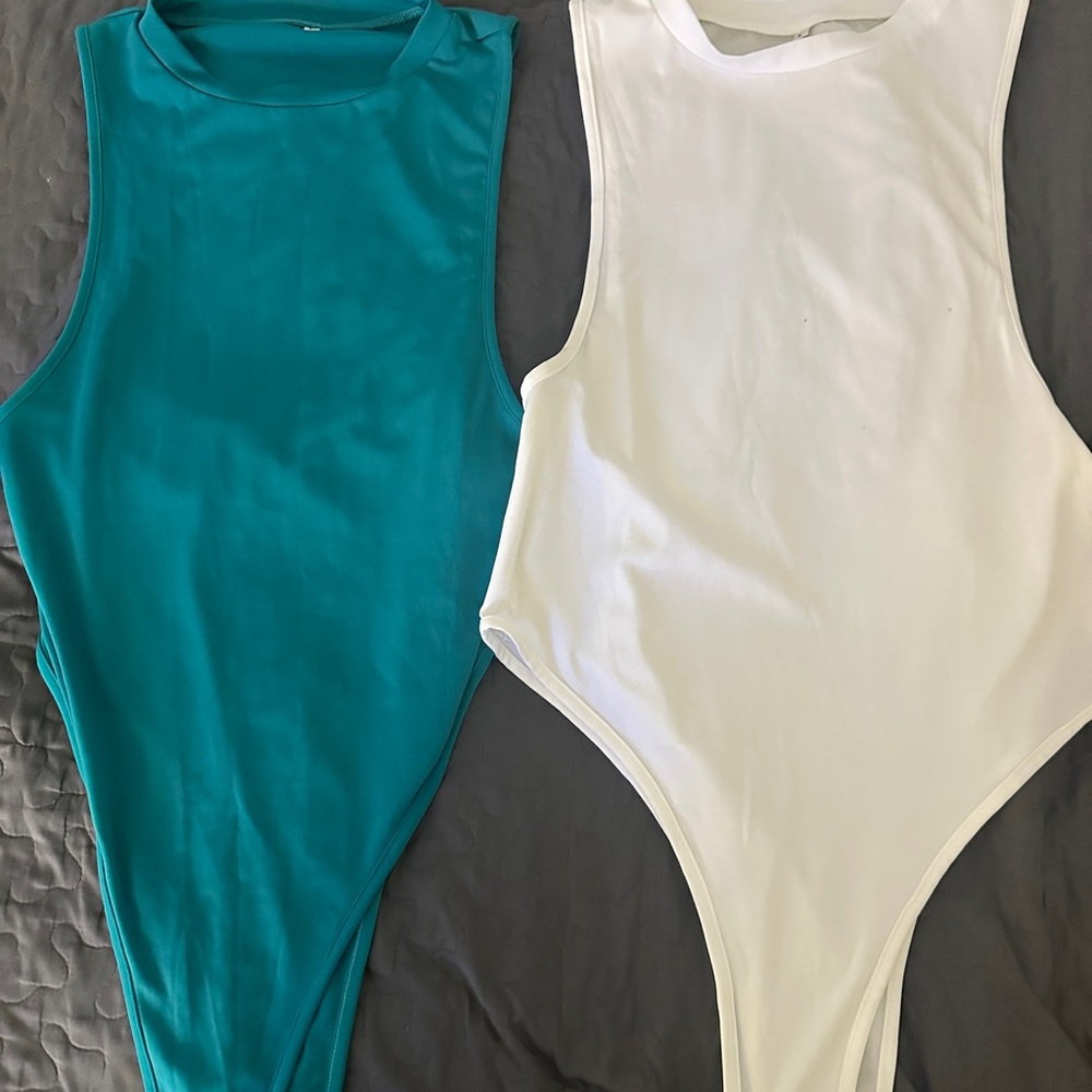 Blue and White Bodysuit One Piece with High-Cut Design